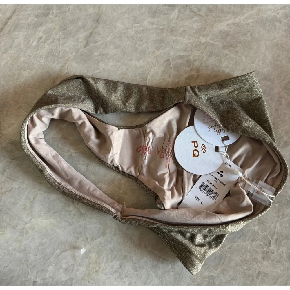 PQ Swim Euphoria Basic Ruched Full Bikini Bottom Gold Metallic EUP-211F L NEW